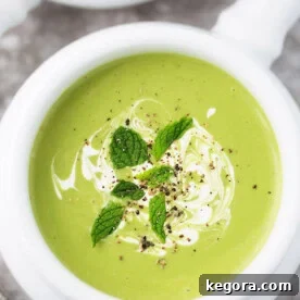 Minty Pea Soup in a small white bowl with handle