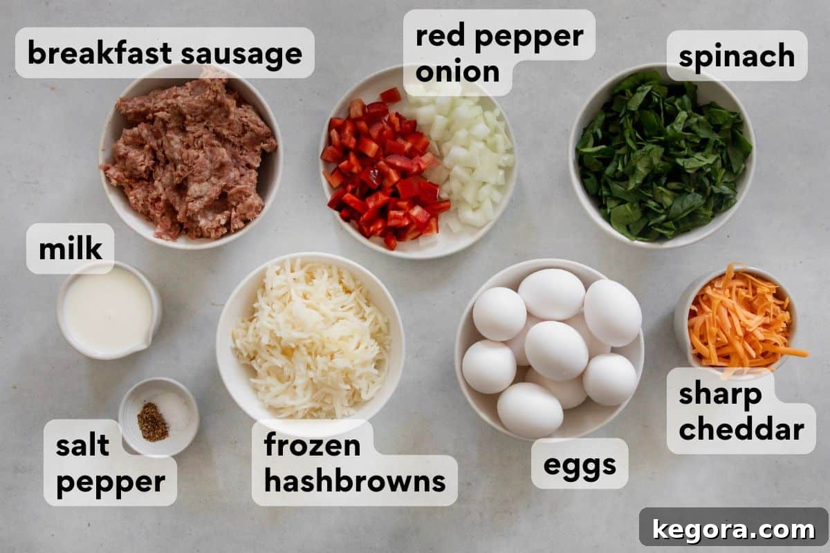 sausage hashbrown breakfast casserole ingredients measured and labeled.