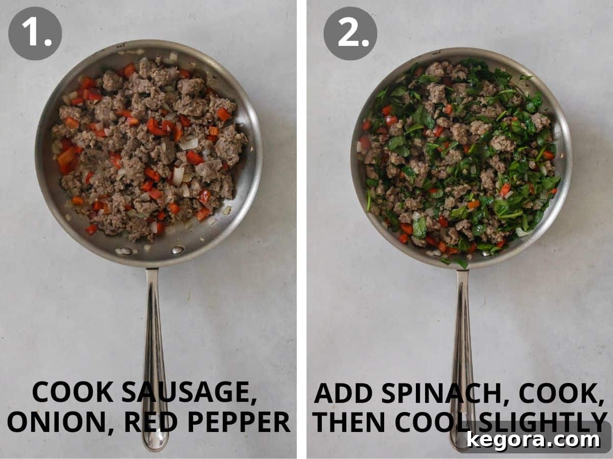 steps 1 and 2 cook sausage, onion, red pepper, and spinach then cool slightly.