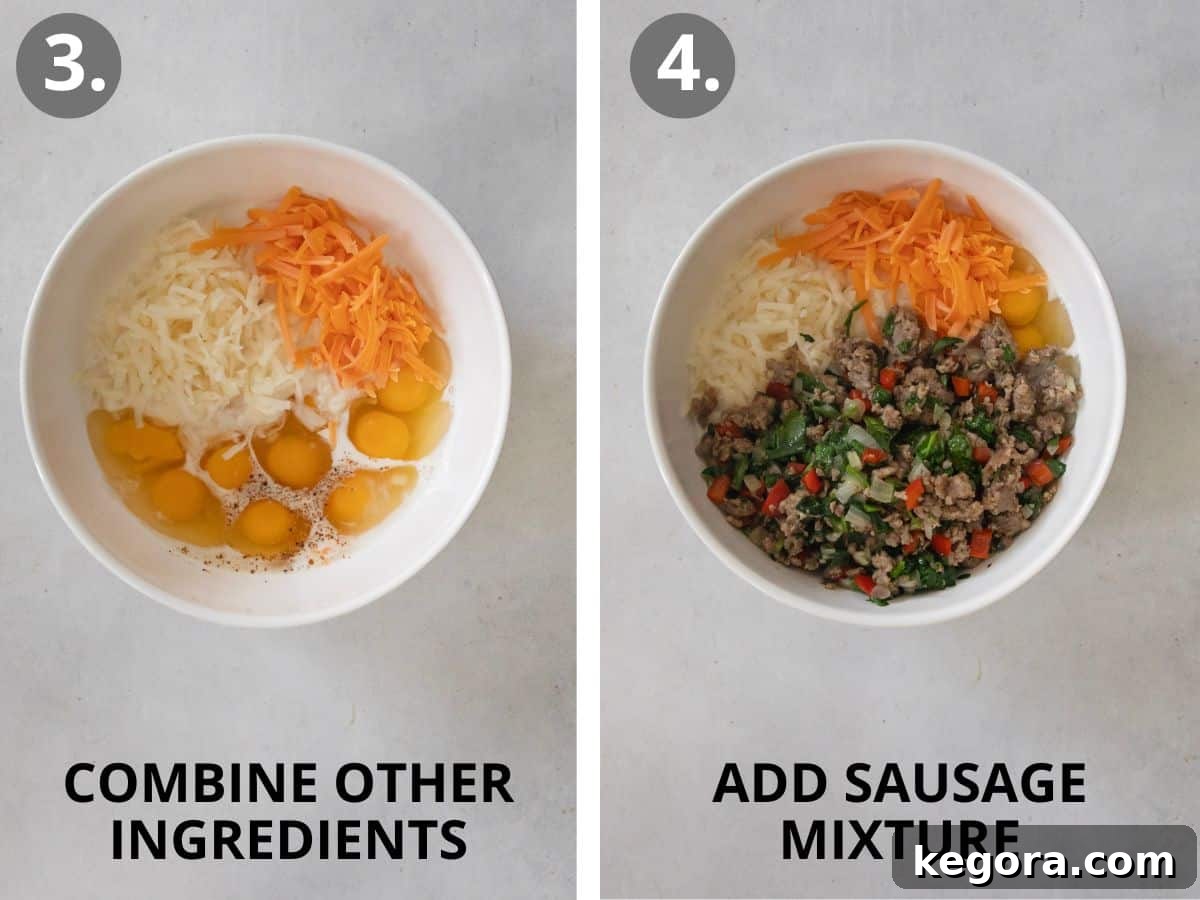 steps 3 and 4 combine other ingredients and add sausage mixture.
