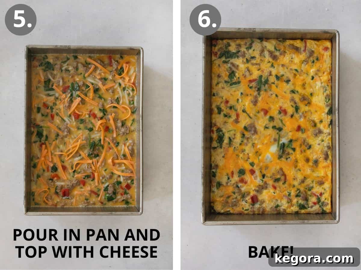steps 5 and 6 pour in pan, top with cheese, and bake.