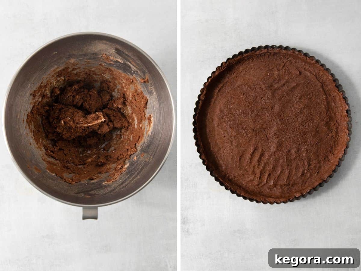 Gluten-free chocolate caramel tart dough in a mixing bowl and dough pressed into a tart pan, showing the crust preparation process