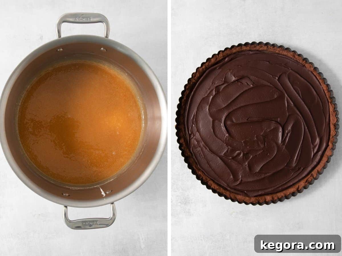 Caramel cooking in a pot and the assembled gluten-free chocolate caramel tart with its rich golden layer