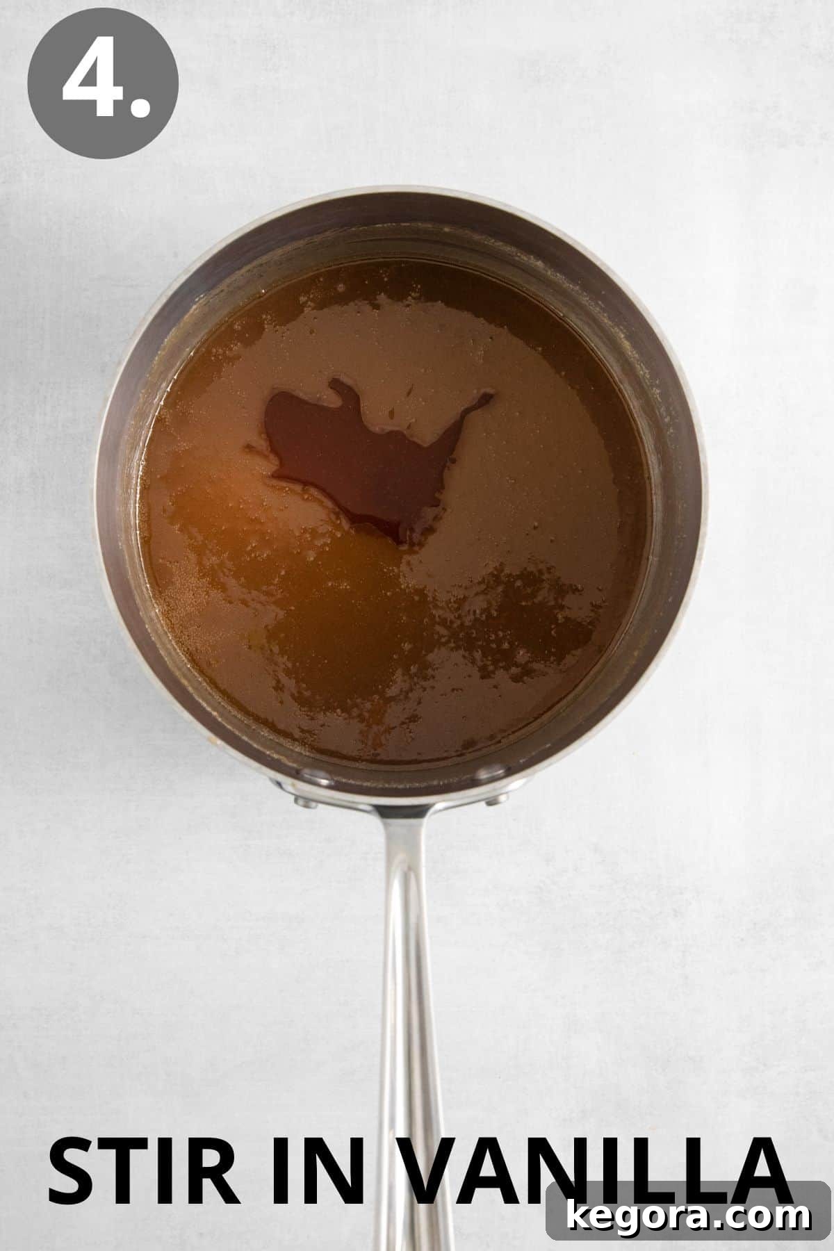 Vanilla added to the sauce pan of caramel ingredients