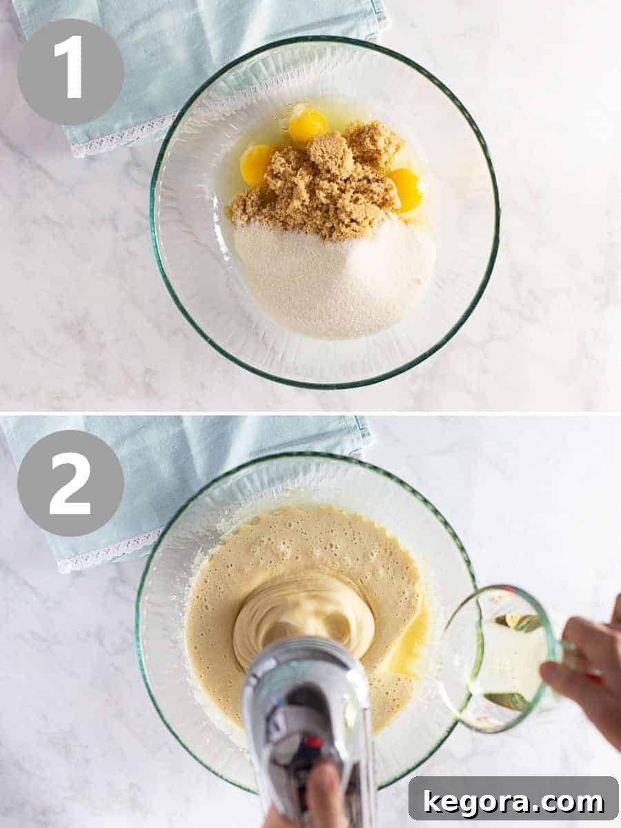 Hands mixing together wet ingredients for a gluten-free carrot cake in a large bowl, showcasing the initial steps of the baking process.