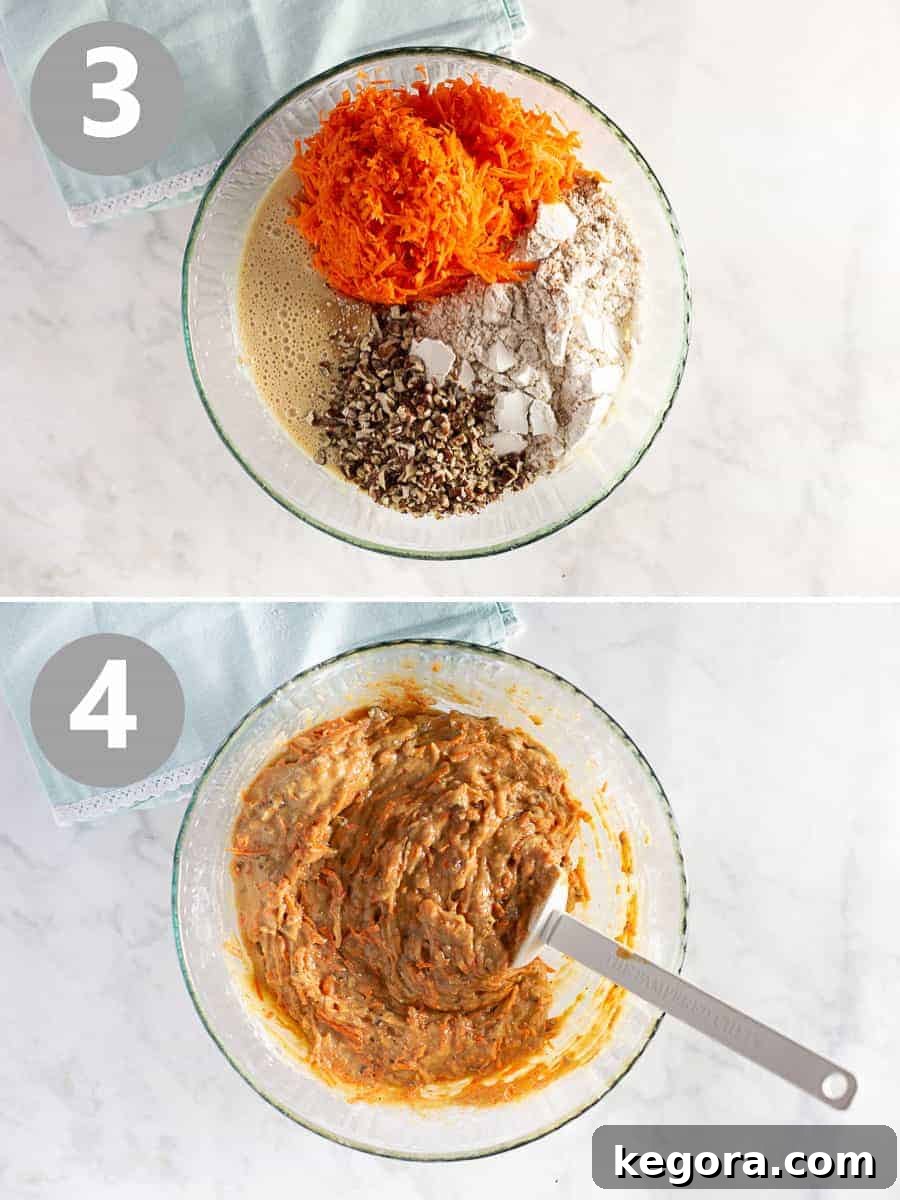 Adding dry ingredients, including spices and gluten-free flour, to the wet mixture for the carrot cake, showing the gradual combination of flavors.