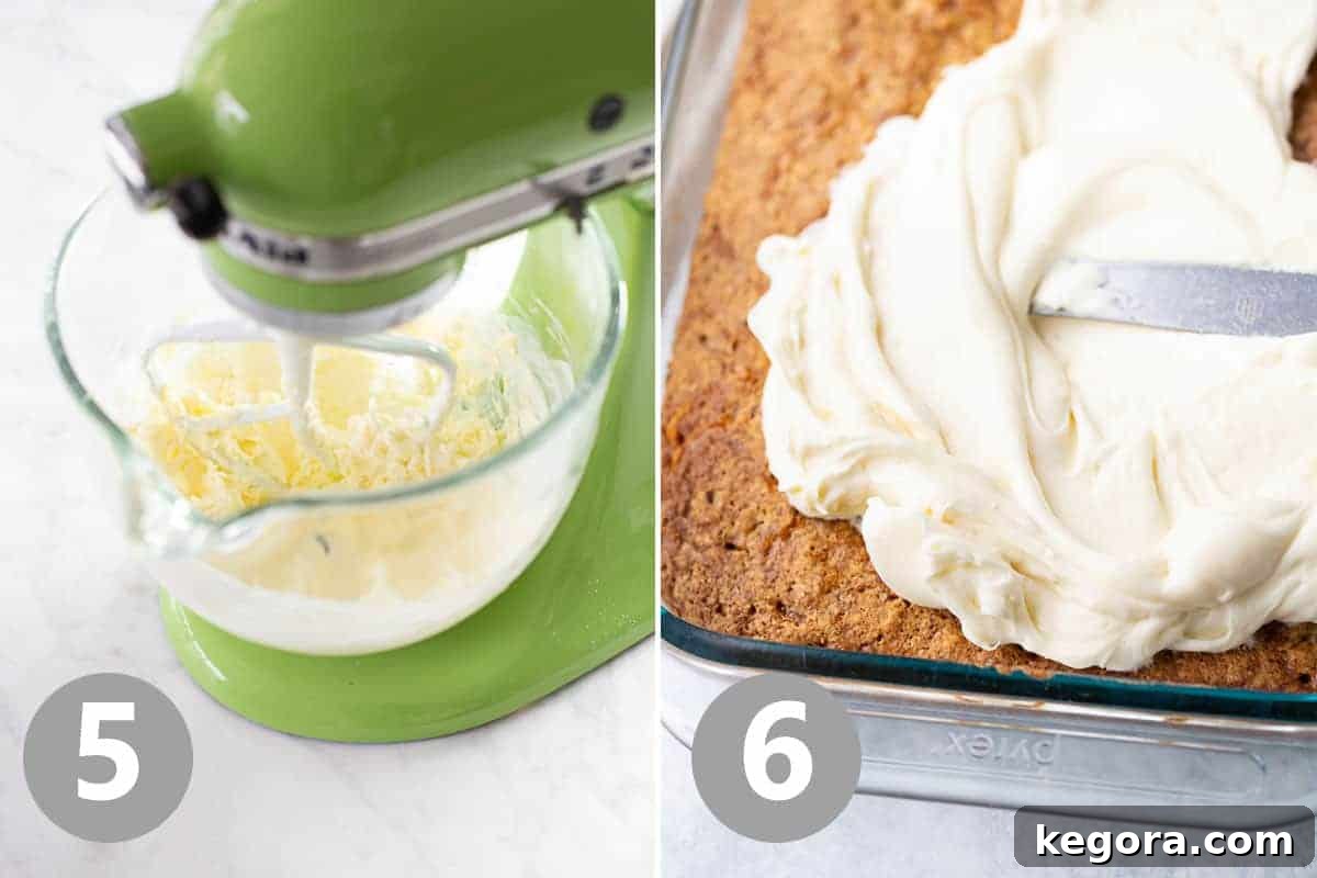 Ingredients for cream cheese frosting, including cream cheese, butter, and powdered sugar, being mixed in a stand mixer to create a smooth, fluffy texture.