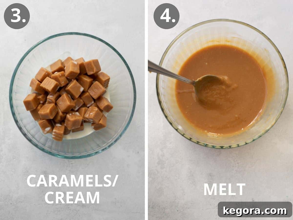 Side-by-side images showing unwrapped caramel candies and heavy cream in a glass bowl, followed by the same bowl with the caramel mixture melted and smooth after microwaving.