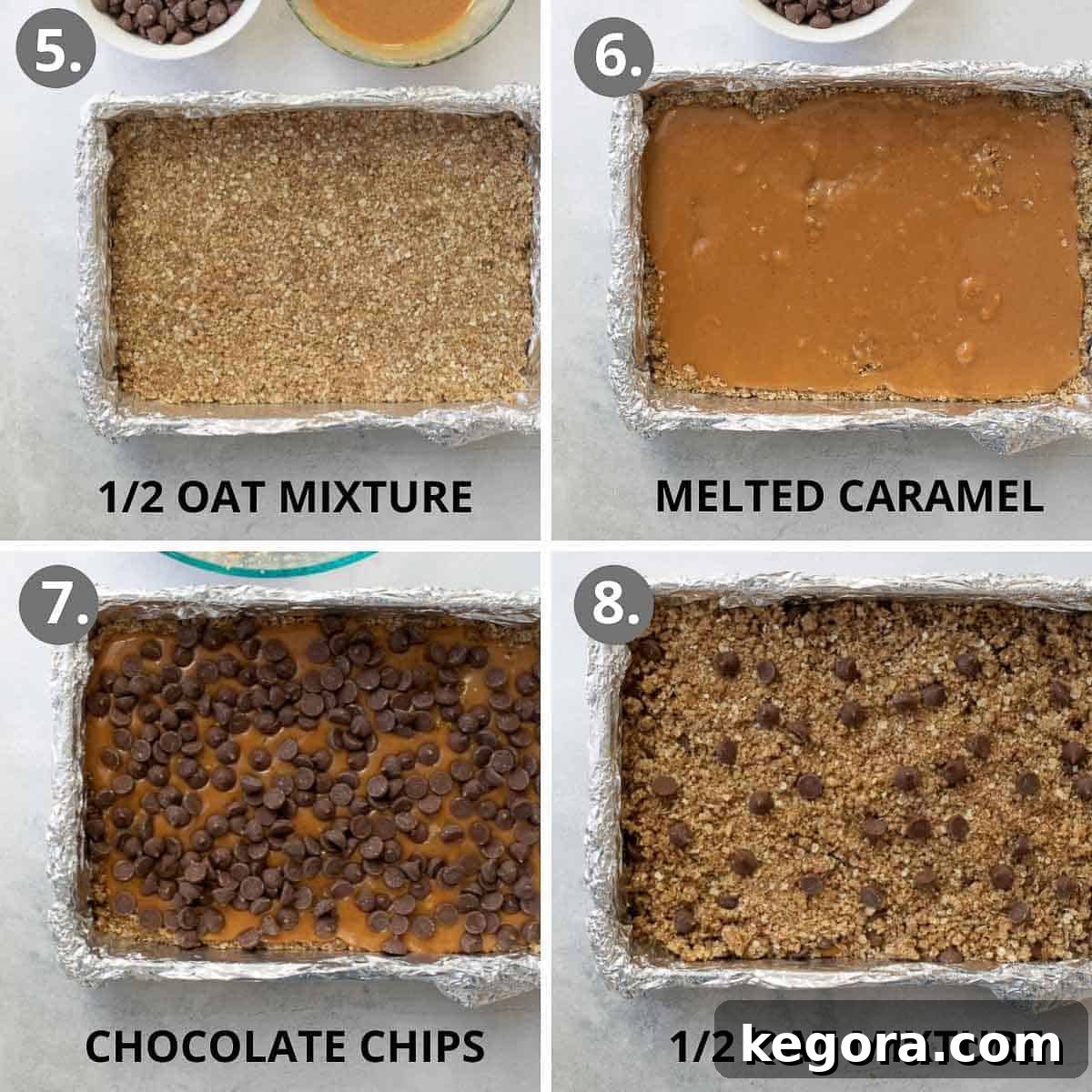 Three process shots showing a prepared baking pan, the first layer of oat mixture pressed down, followed by the caramel and chocolate layer, and finally topped with the remaining oat mixture and chocolate chips.