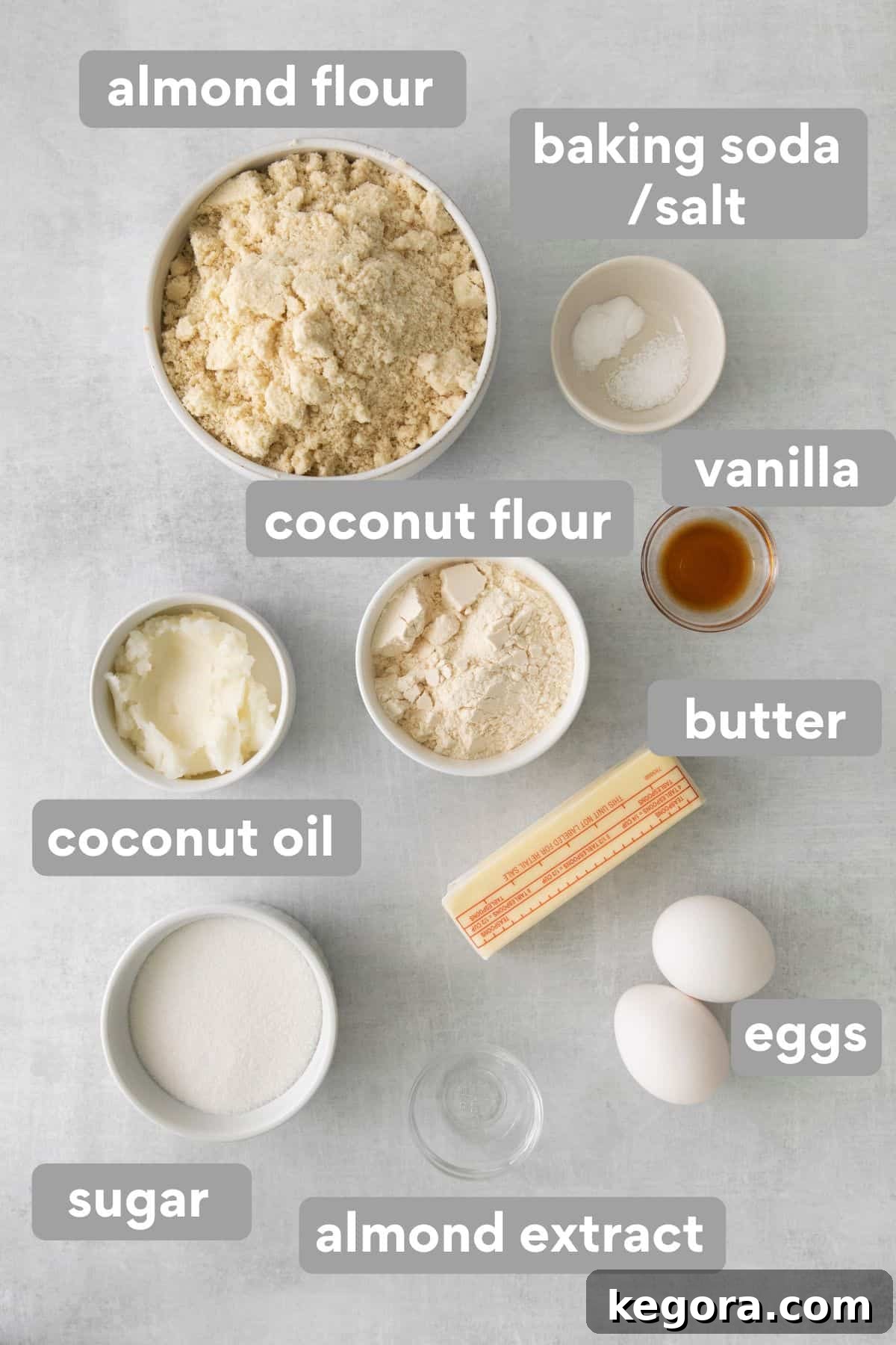 Ultimate Almond Flour Sugar Cookies 4 ingredients needed to make almond flour sugar cookies on white background