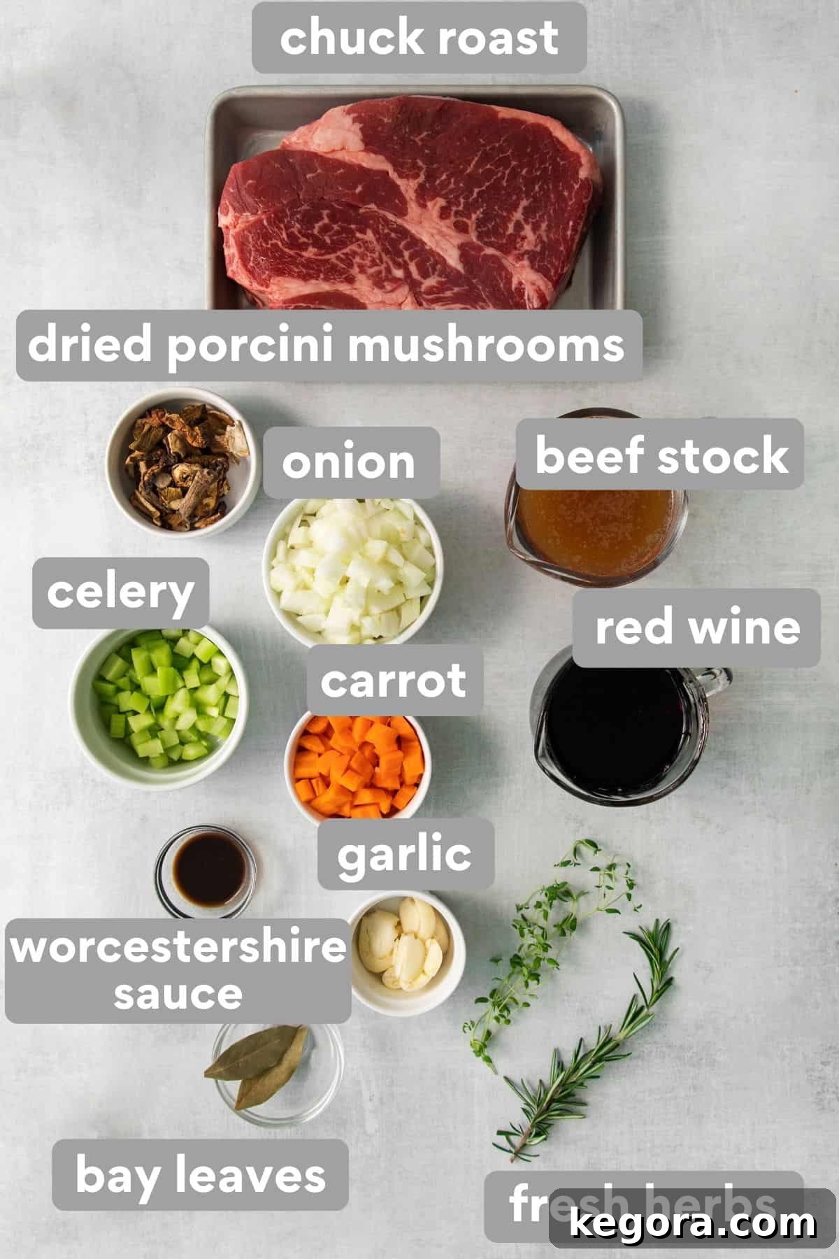 The Perfect Gluten-Free Family Pot Roast 3 Variety of fresh ingredients for pot roast laid out on a kitchen countertop, including chuck roast, vegetables, and dried mushrooms