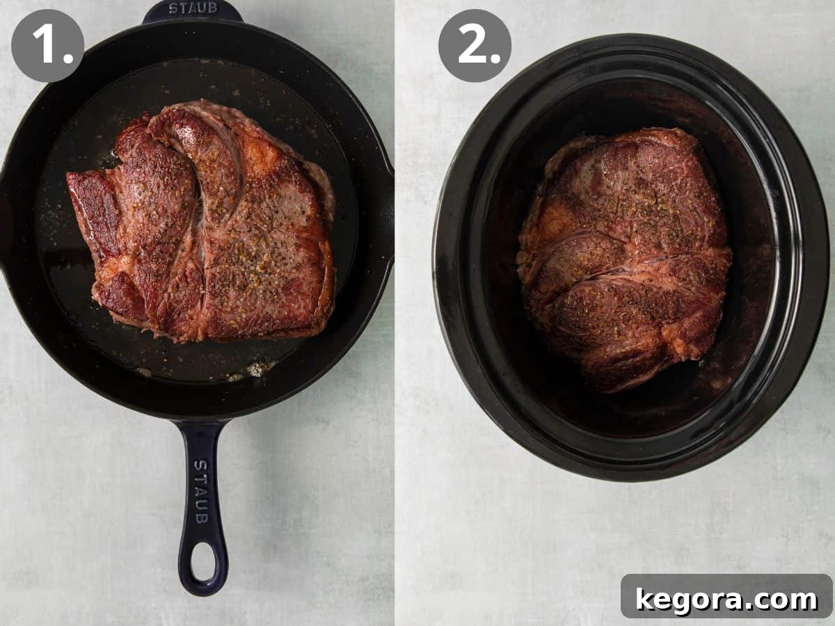 The Perfect Gluten-Free Family Pot Roast 4 Images showing the chuck roast being seared in a pan, then transferred to a slow cooker