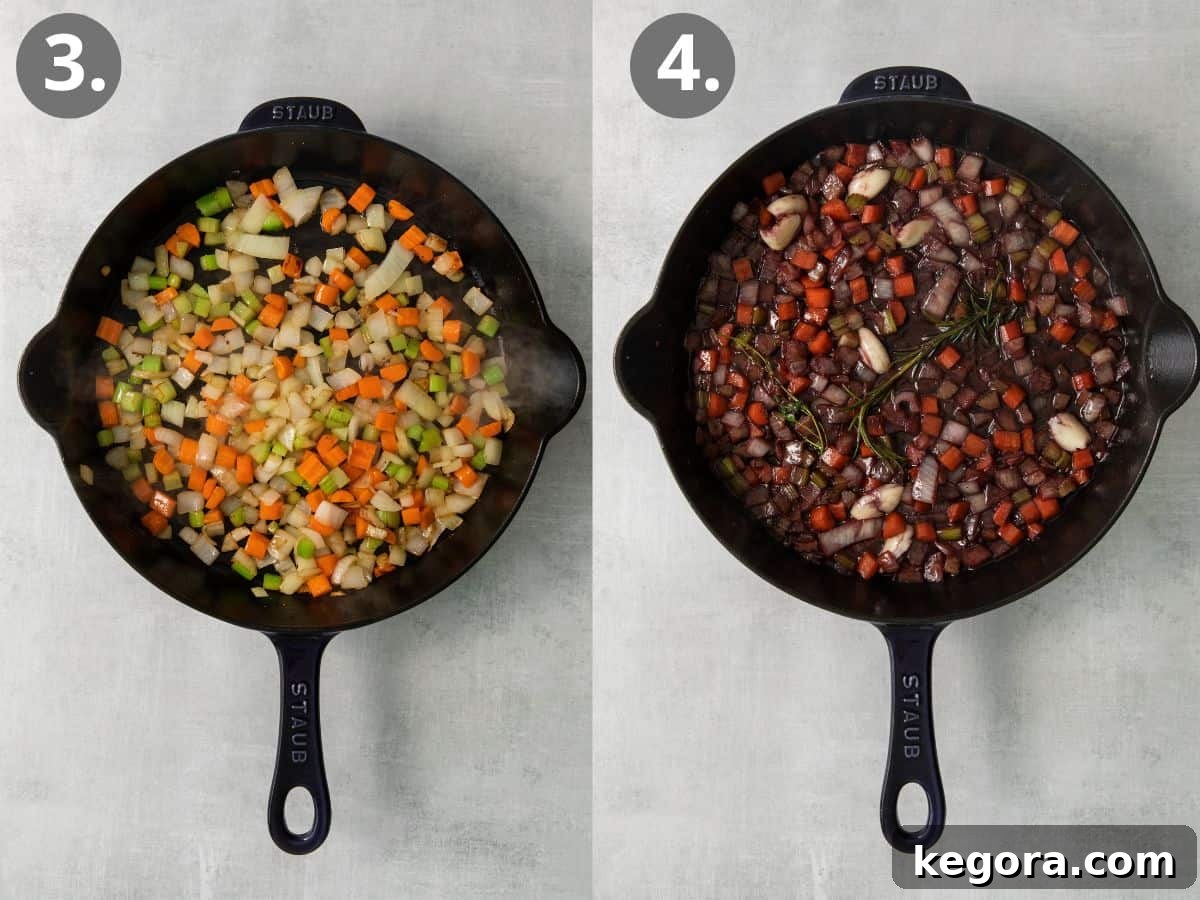 The Perfect Gluten-Free Family Pot Roast 5 Images showing carrots, onions, and celery sautéing in a pan, followed by the addition of liquids