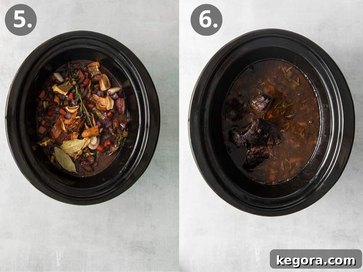 The Perfect Gluten-Free Family Pot Roast 6 Images showing vegetables and liquid being added to the pot roast in the slow cooker, and a fully cooked pot roast in the slow cooker
