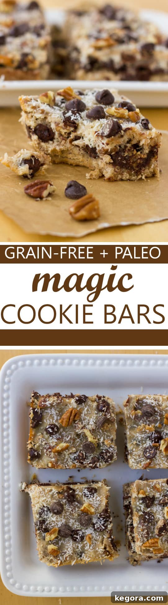 Image for Pinterest: a tray of beautifully baked Grain-Free Magic Cookie Bars