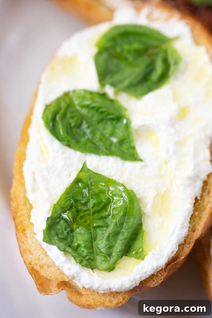 Fluffy Feta Dip 3 Close-up of creamy whipped feta spread beautifully garnished with fresh basil leaves on a piece of toasted bread, emphasizing its delightful texture and presentation.