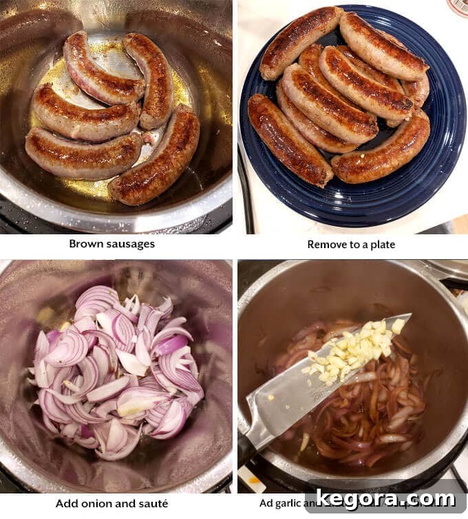 sausages and onion being sautéed in a collage