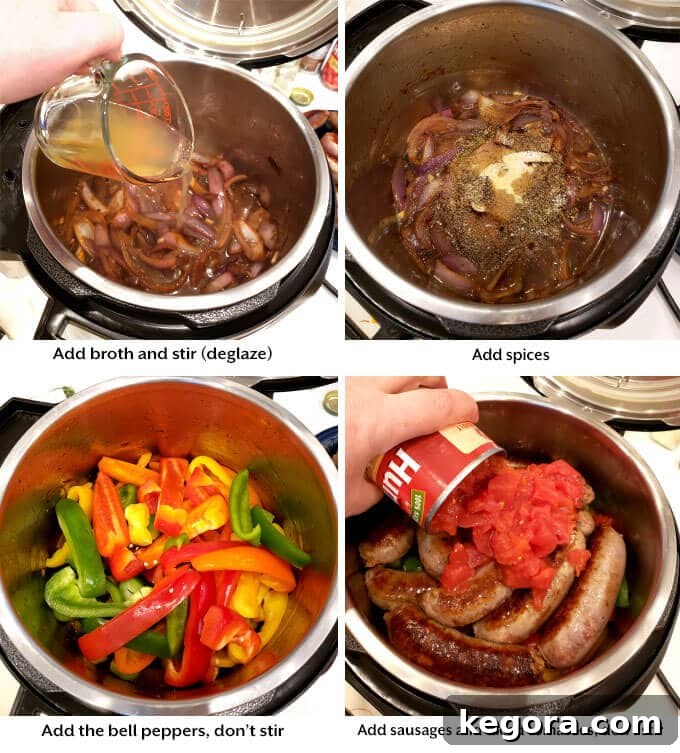 adding broth, bell peppers, sausages, diced tomatoes to pot