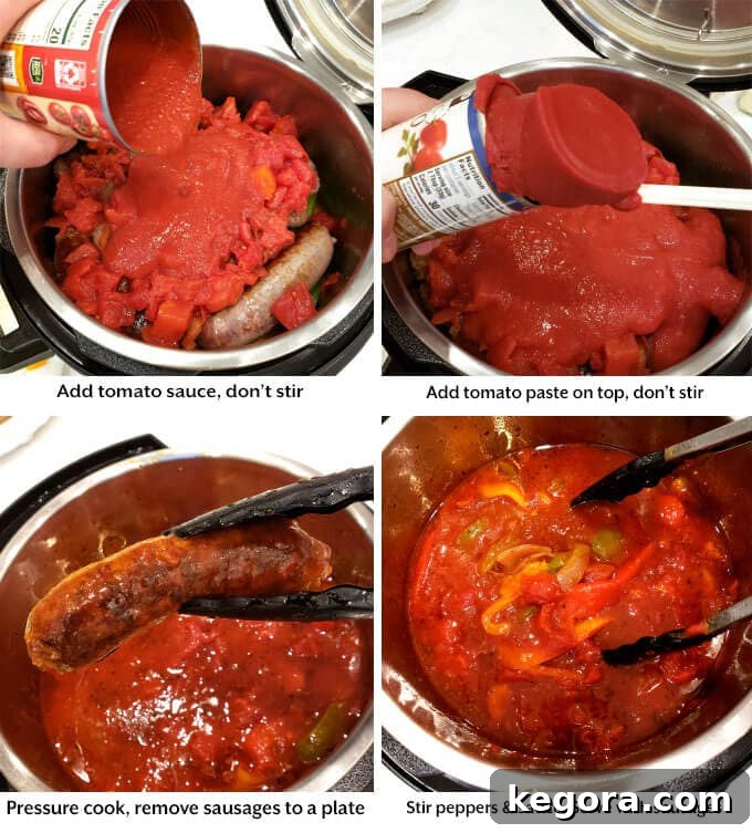 adding the tomato sauce and paste to pot, removing sausages after cooking