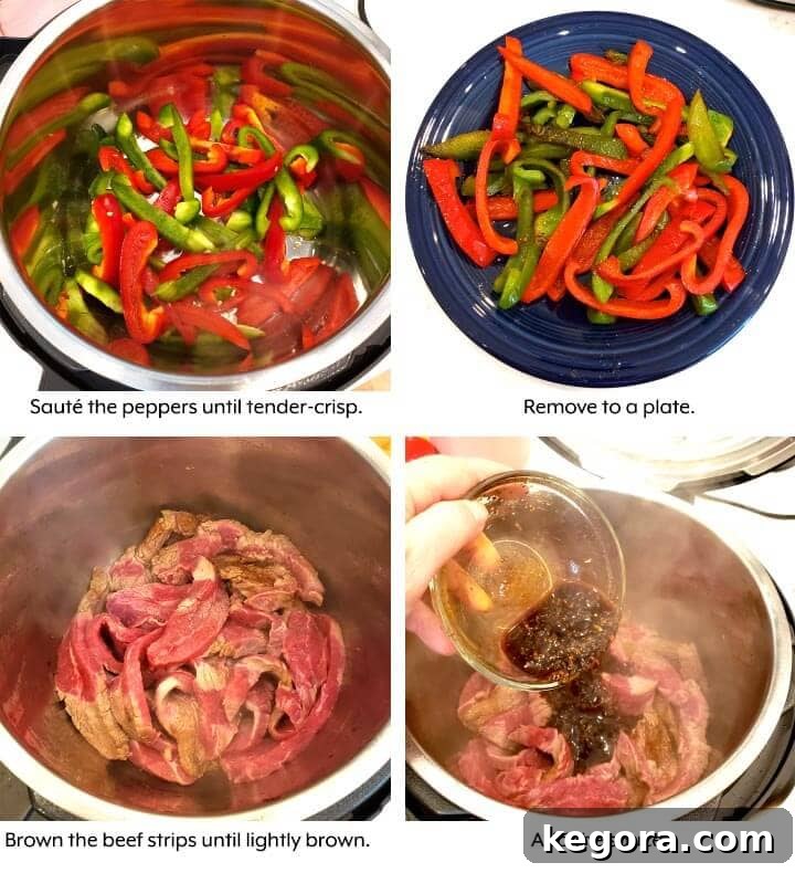 Four-image collage showing bell peppers being cooked and flank steak browning in the Instant Pot