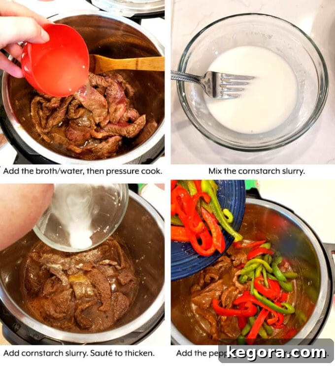 Four-image collage showing Instant Pot Pepper Steak simmering in sauce, ready to be thickened
