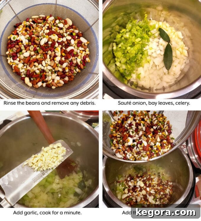 Hearty Instant Pot 15 Bean Soup 3 Bean Soup adding ingredients, sautéing onion