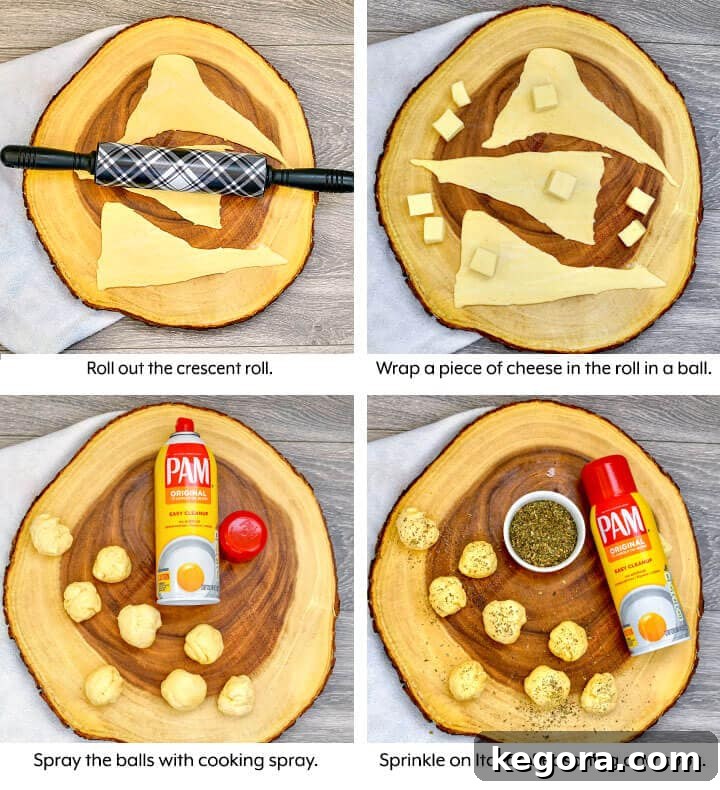 Mozzarella Balls assembly steps collage showing crescent rolls being wrapped around cheese