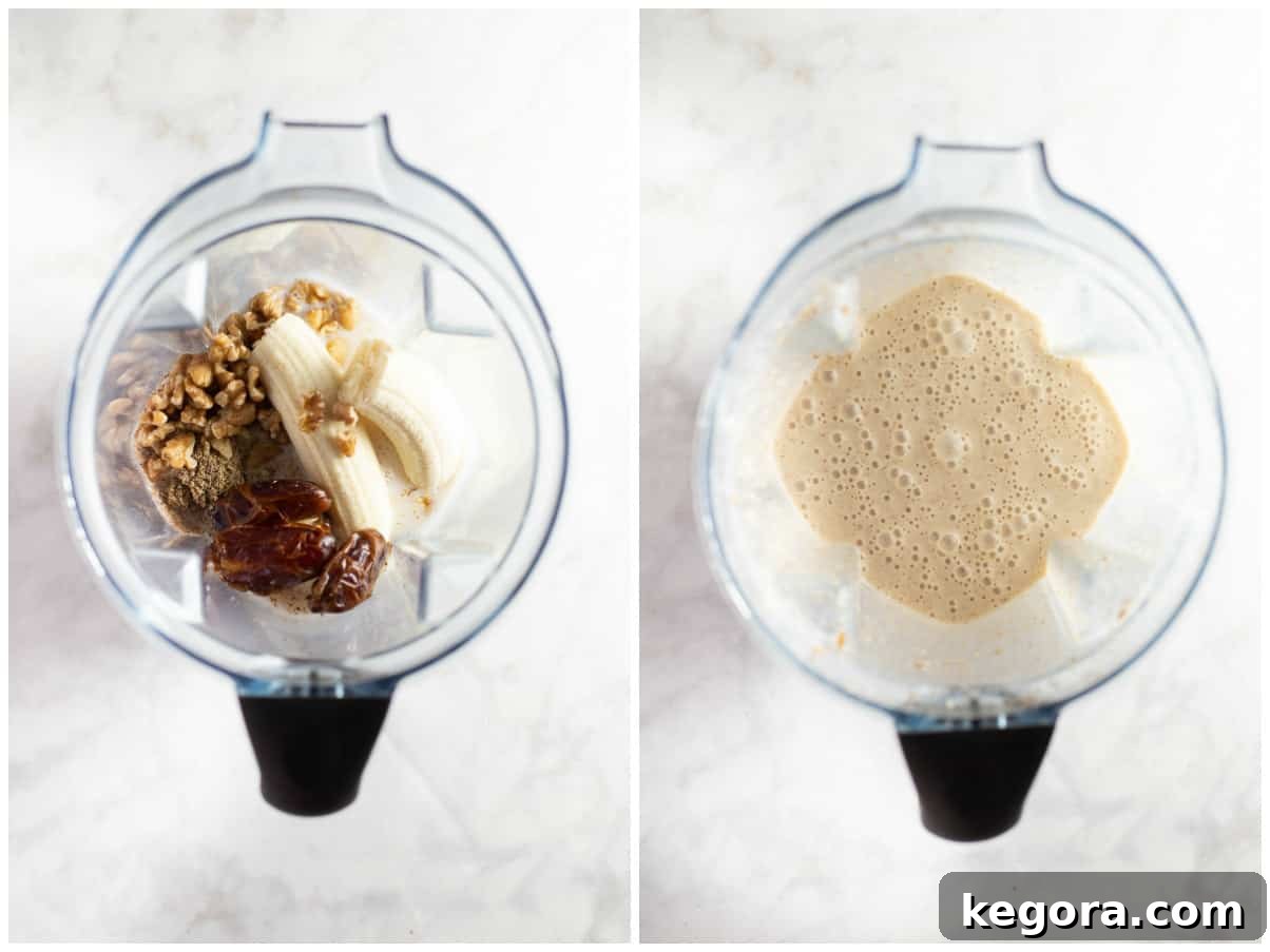 Preparing a Smoothie with Bananas and Dates All ingredients for the date smoothie, including almond milk, frozen banana, walnuts, dates, flax seed, and ice, loaded into a high-speed blender container, ready to be processed.