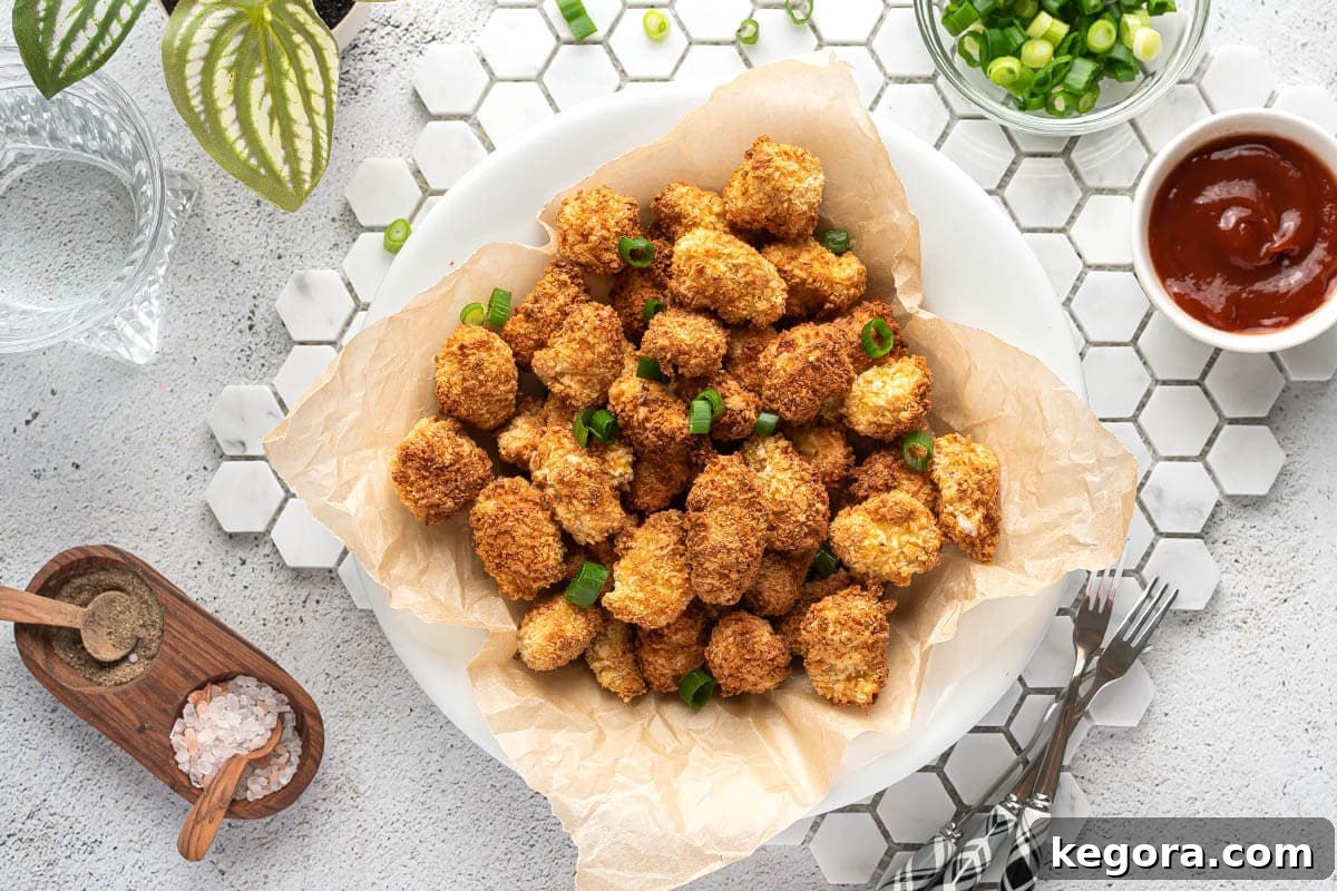 Air Fryer Popcorn Chicken served in a white bowl, ready to be enjoyed