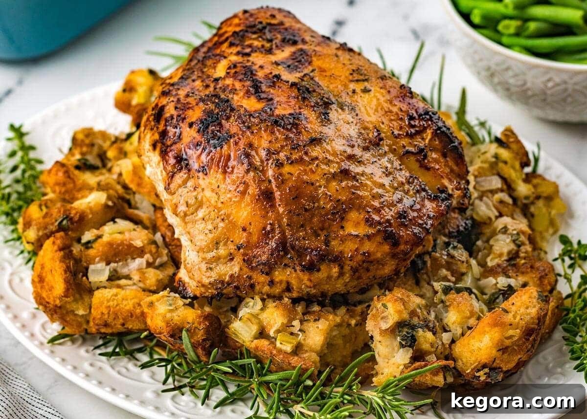 A perfectly cooked Air Fryer Turkey Breast on a white plate, accompanied by a spoonful of savory stuffing, highlighting the golden-brown skin.