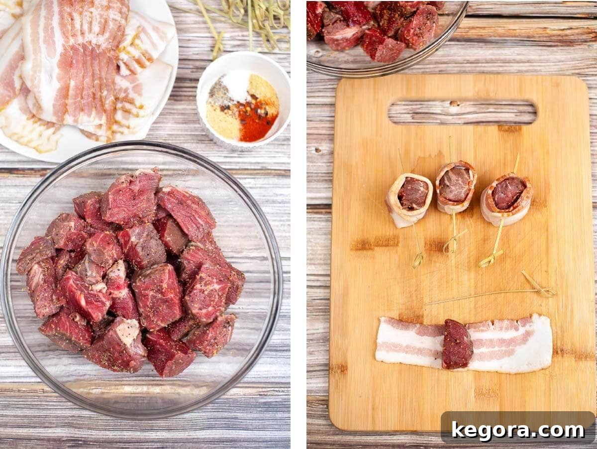 Preparing Air Fryer Bacon Wrapped Steak Bites, with raw steak cubes, bacon, and spices on a board, showing a piece of steak being wrapped in bacon.