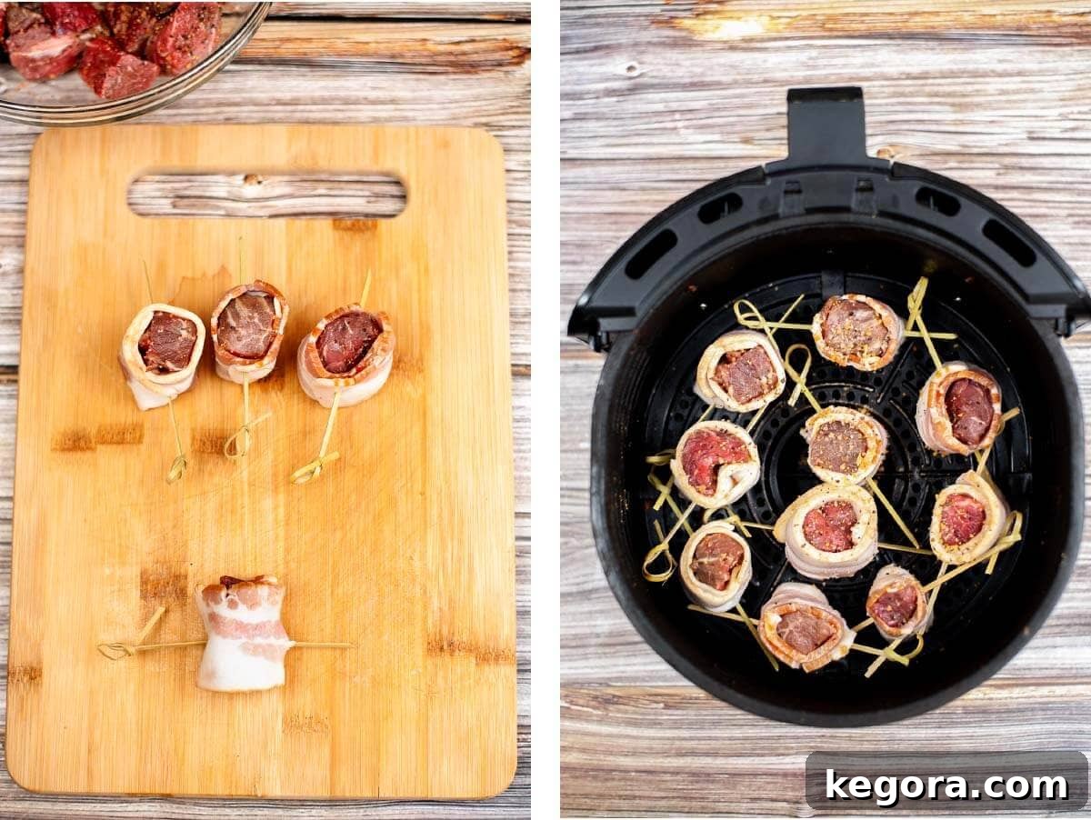 A two-part image showing raw steak pieces wrapped in bacon and skewered on a cutting board, and the assembled steak bites arranged in a single layer within an air fryer basket, ready for cooking.