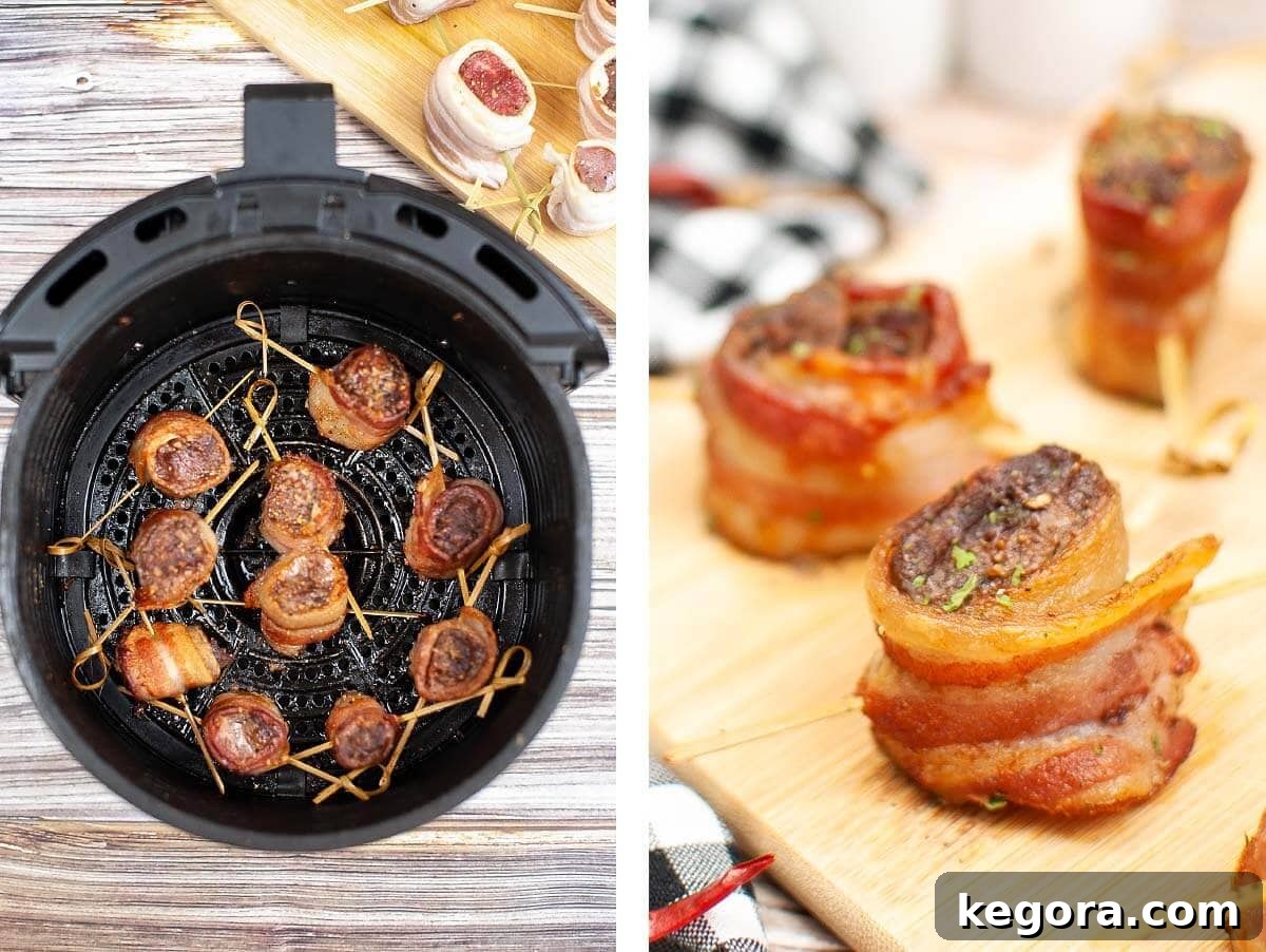 A two-part image showing cooked Air Fryer Bacon Wrapped Steak Bites in the air fryer basket with golden crispy bacon, and a close-up of a single steak bite revealing its juicy interior.