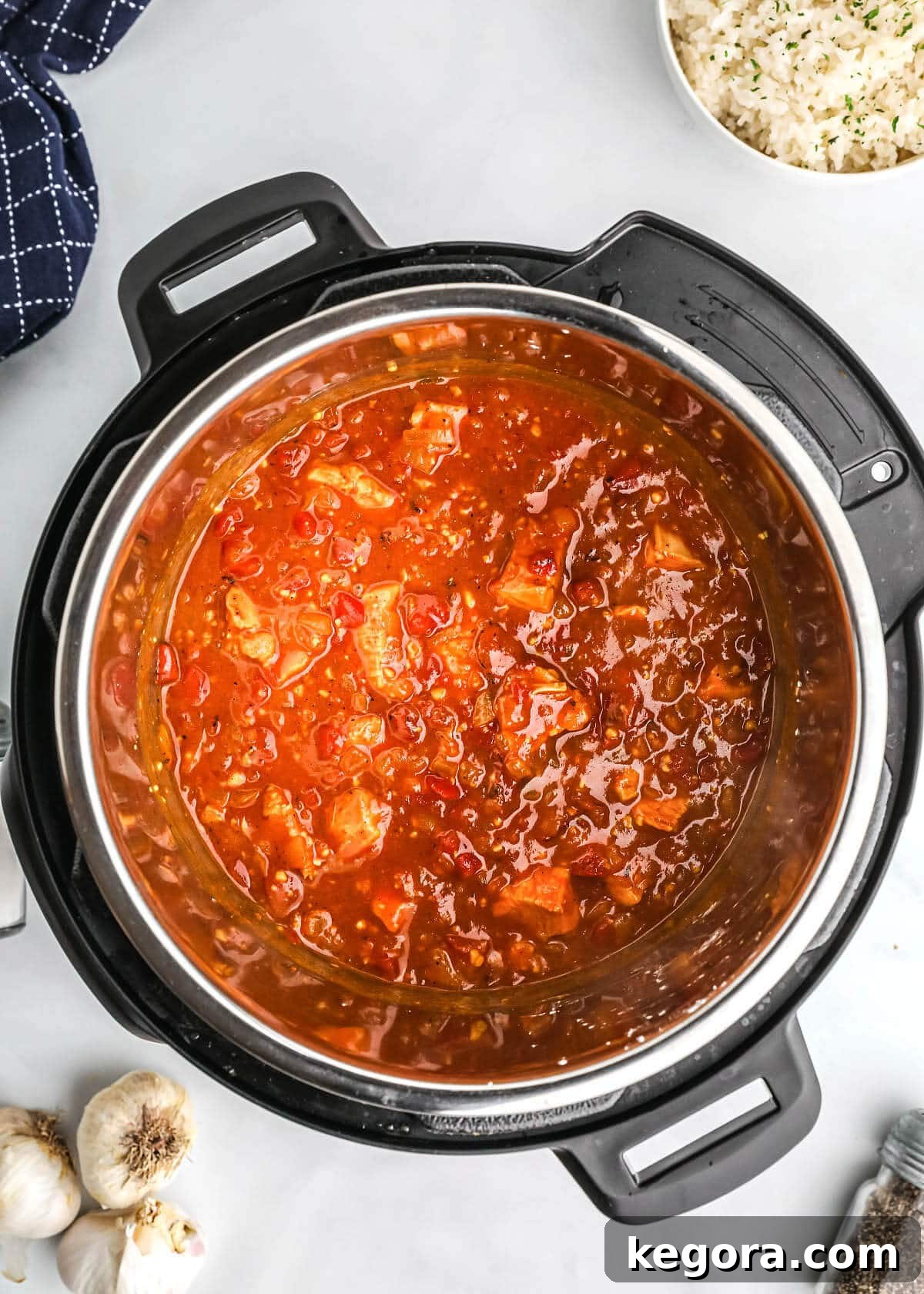 bird's eye view of chicken curry and rice in pot