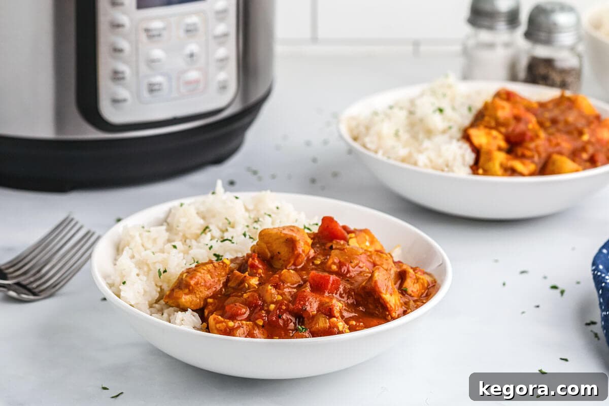 white bowl of chicken curry and rice in front of pot