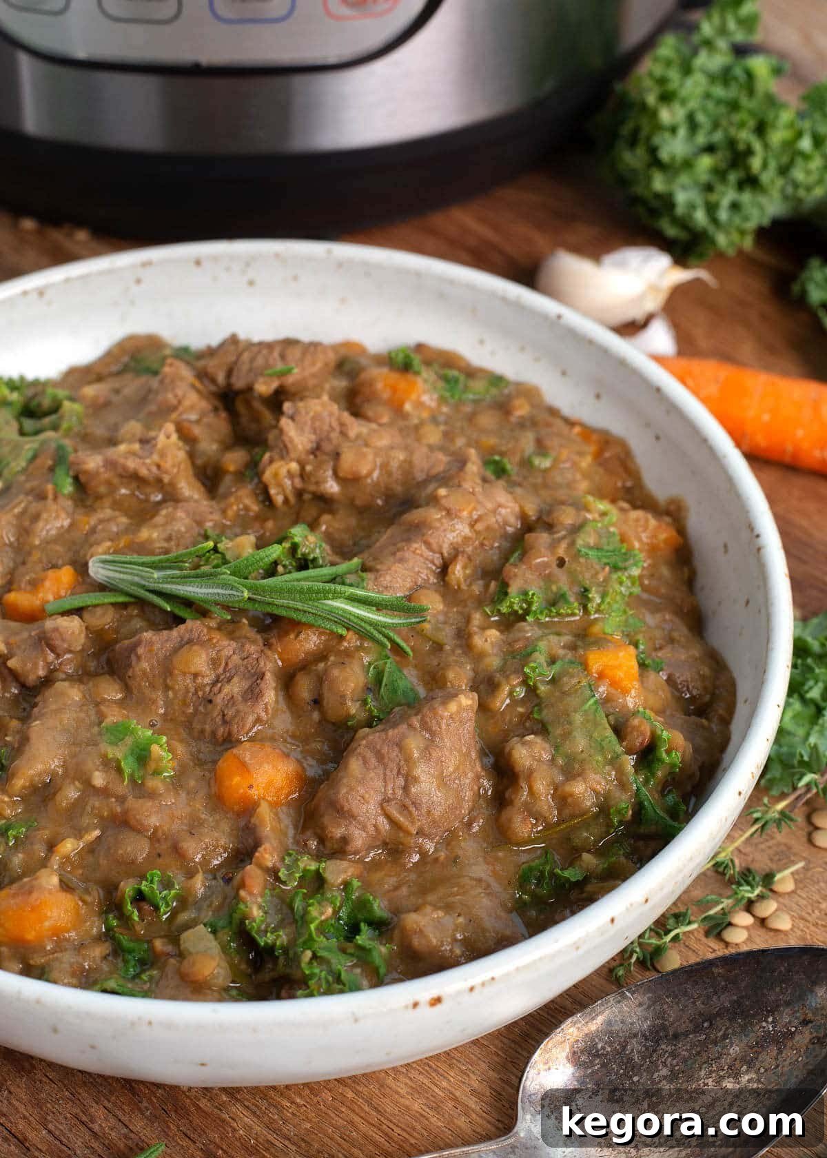 Quick and Hearty Instant Pot Beef Lentil Stew 2 Instant Pot Lentil soup in a white bowl