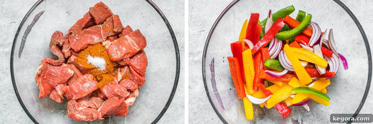 meat in glass bowl, veggies in glass bowl