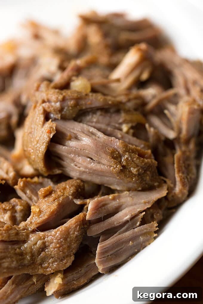 Close-up of succulent Instant Pot Pork Carnitas meat in a white bowl, ready for serving.