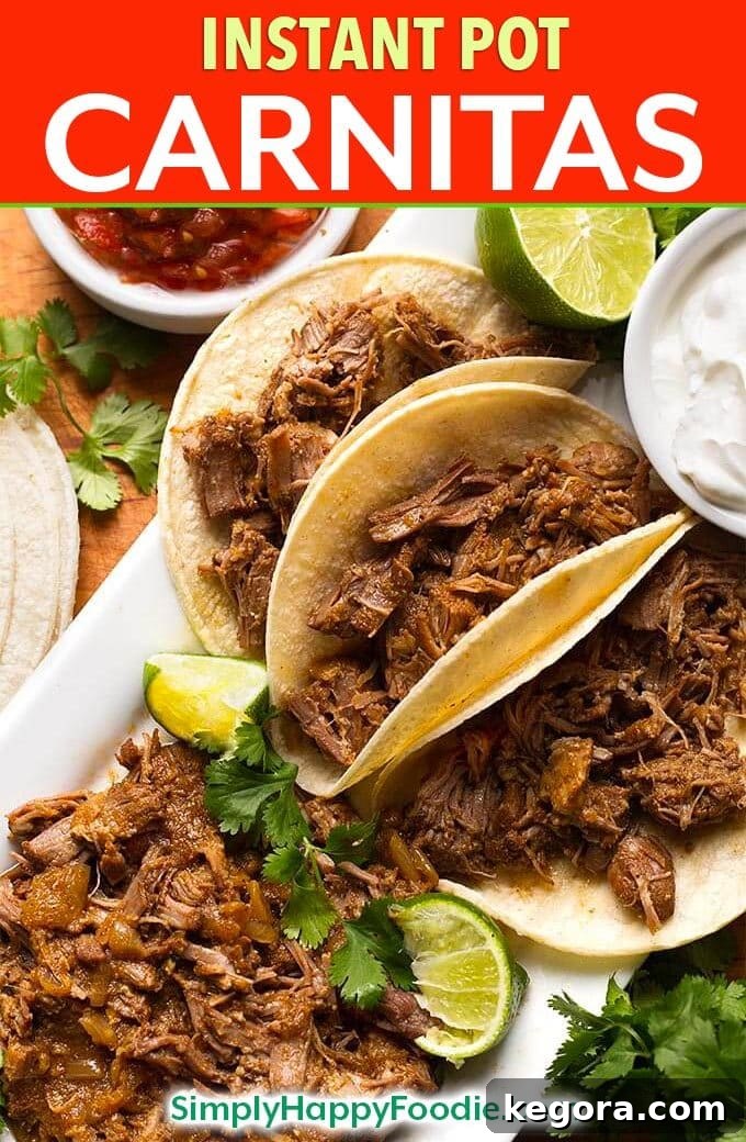 Delicious Instant Pot Pork Carnitas are incredibly delicious and easy to make. Pressure cooker carnitas are ready in under an hour! Perfect for tacos, burritos, and more. simplyhappyfoodie.com #instantpotcarnitas #pressurecookercarnitas #instantpotrecipes