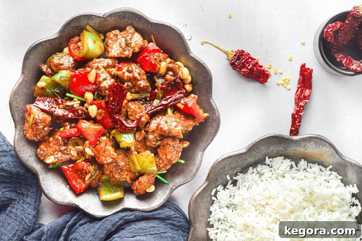 Air Fryer Kung Pao Chicken with rice in bowls