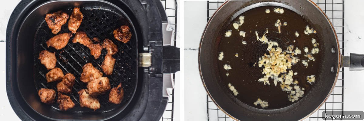 cooked chicken, garlic and ginger frying