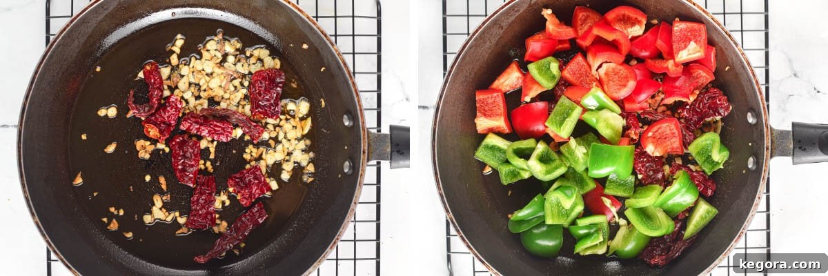 chile peppers frying, bell peppers frying