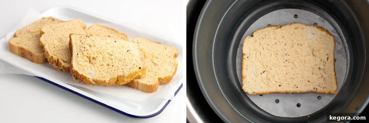 dipped bread on plate, one piece in air fryer basket