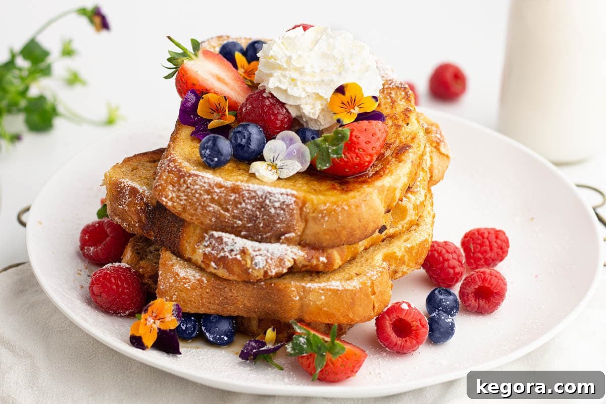 stack of air fryer french toast with berries, butter, syrup on them