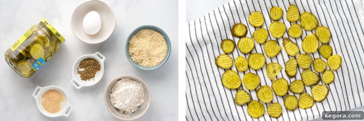 Ingredients for air fried pickles, featuring dill pickle slices laid out on a clean kitchen towel to dry