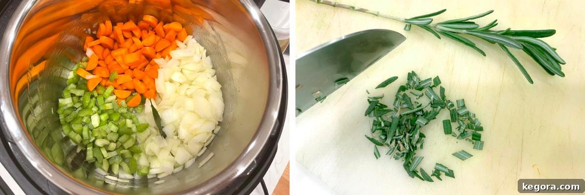 Hearty Instant Pot Turkey Soup 4 sauté veggies, chop and add fresh rosemary