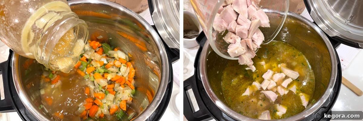 Hearty Instant Pot Turkey Soup 6 Add turkey broth, Add cubed turkey
