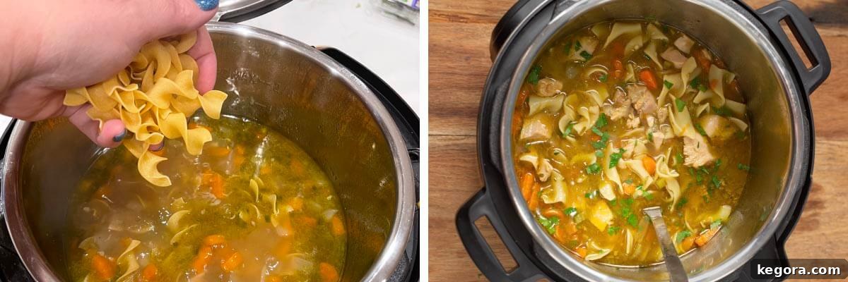 Hearty Instant Pot Turkey Soup 7 add noodles to pot, finished soup in pot
