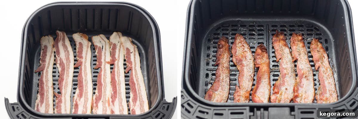 Perfectly Crisp Air Fryer Bacon 3 air fryer basket with raw bacon, air fryer basket with cooked bacon