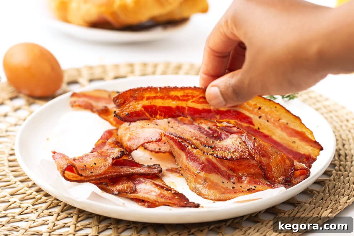 Perfectly Crisp Air Fryer Bacon 6 white plate of bacon and hand reaching for a slice